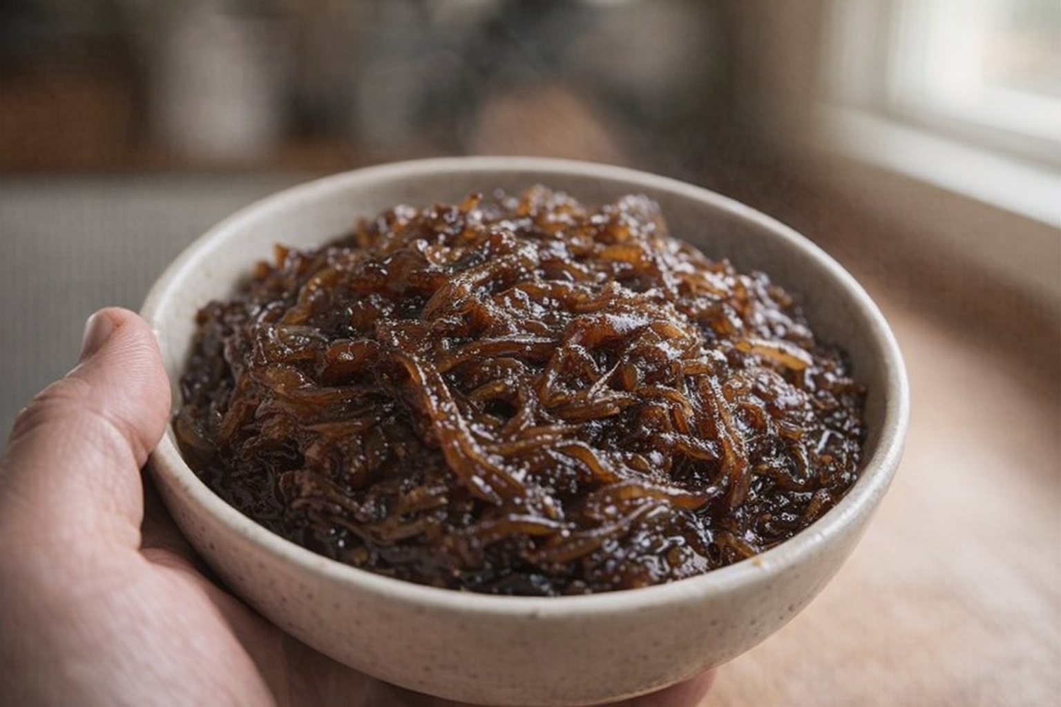 A close-up shot of a bowl of dark, glossy caramelized onions with visible strands and a slightly jammy texture, natural daylight